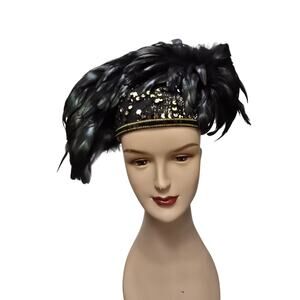 Mr. Hi's Classic, Green & Black Feathers Fascinator Hat with Gold Sequins